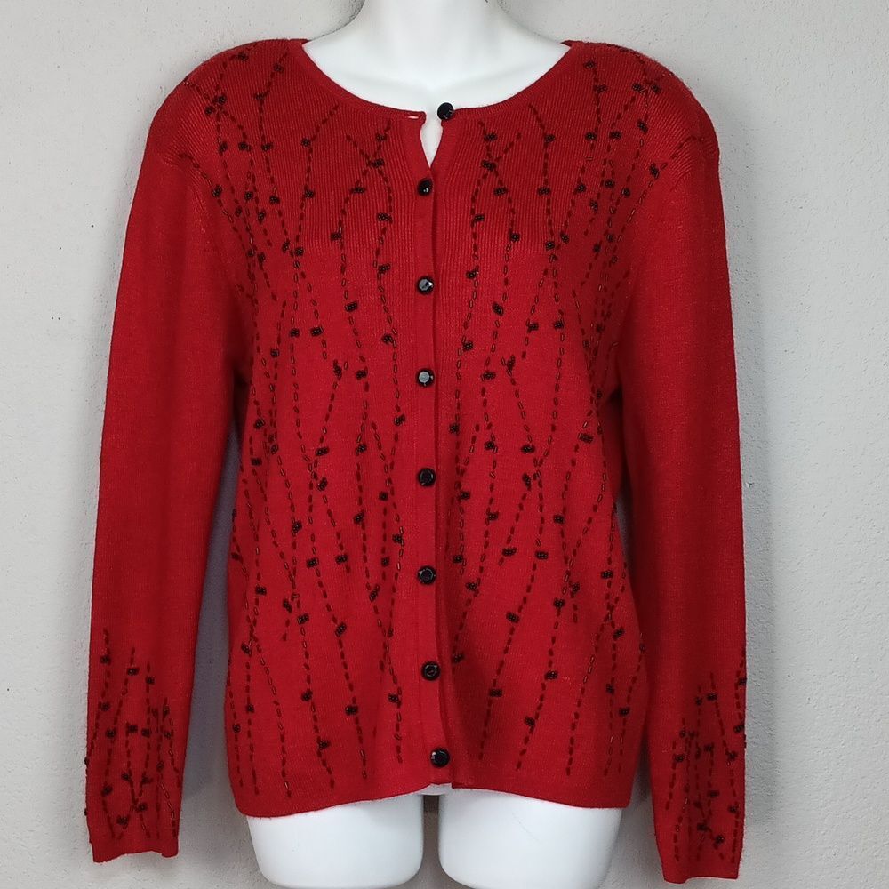 Vintage Jaclyn Smith Red Beaded  Women's Silk Blend Button Down  Cardigan sz L